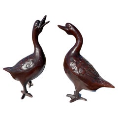 Japan Pair Hand Cast Mahogany Garden Ducks, Beautiful Details