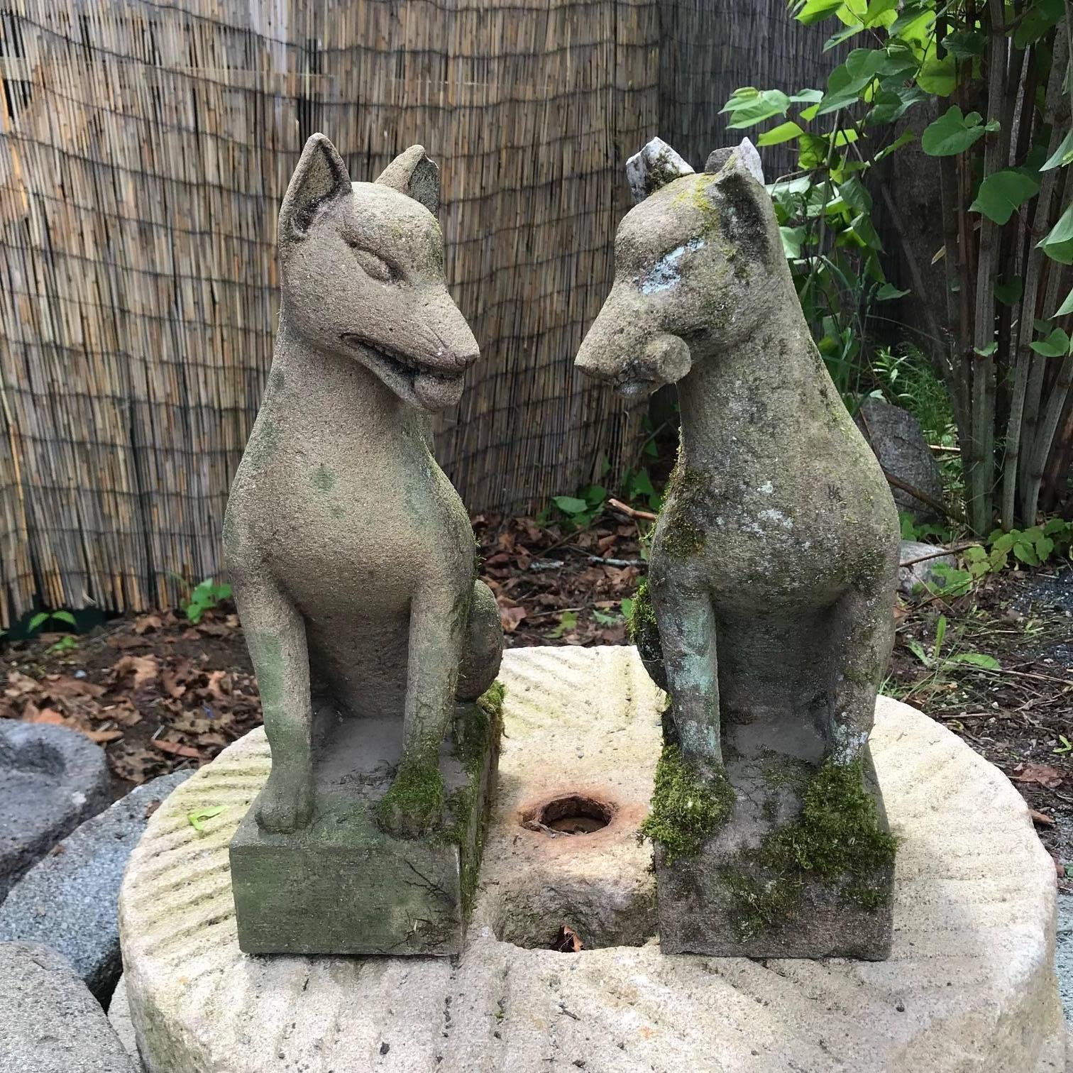 From our recent Japanese acquisitions travels.

Antiques rarely found in granite stone.

Japan, a fine tall and rare pair of hand carved granite stone fox kitsune carved in a pleasing sinuous Art Deco manner, Taisho period.

Dimensions: 16