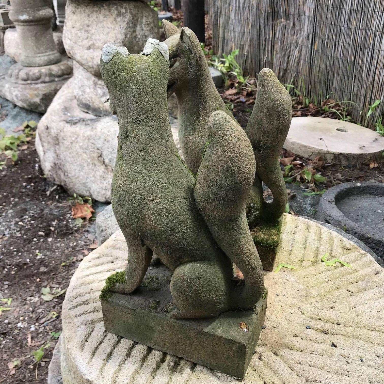 Japan Pair of Antique Hand-Carved Stone Fox Kitsune, Old Inari Temple In Good Condition In South Burlington, VT