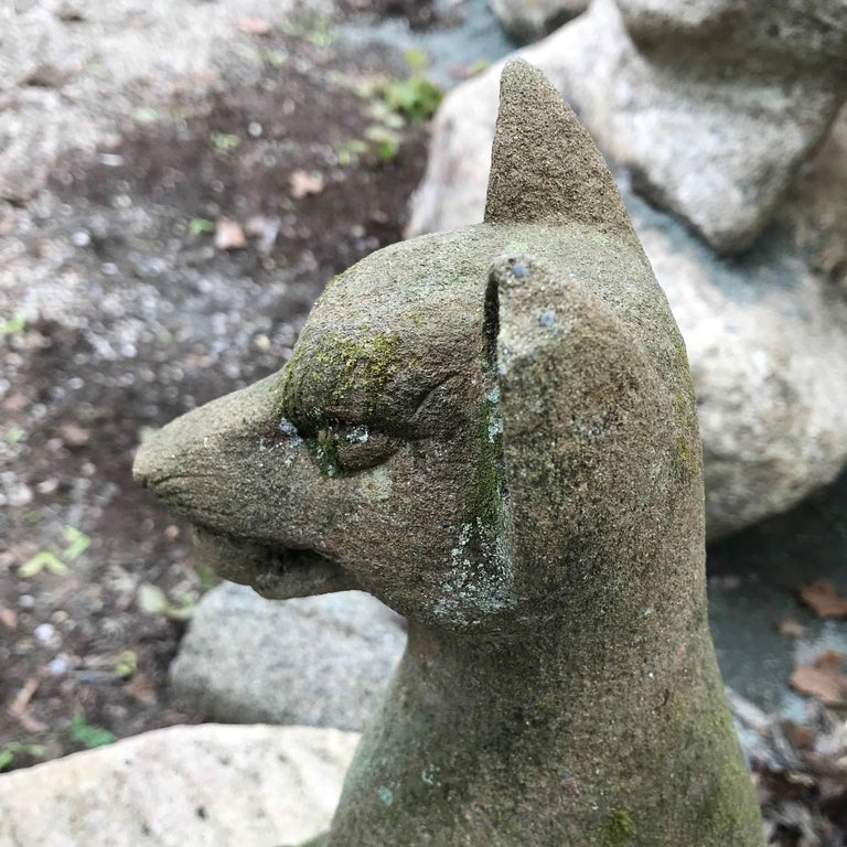 Japan Pair of Antique HandCarved Stone Fox Kitsune, Old Inari Temple