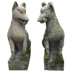 Japan Pair of Antique Hand-Carved Stone Fox Kitsune, Old Inari Temple