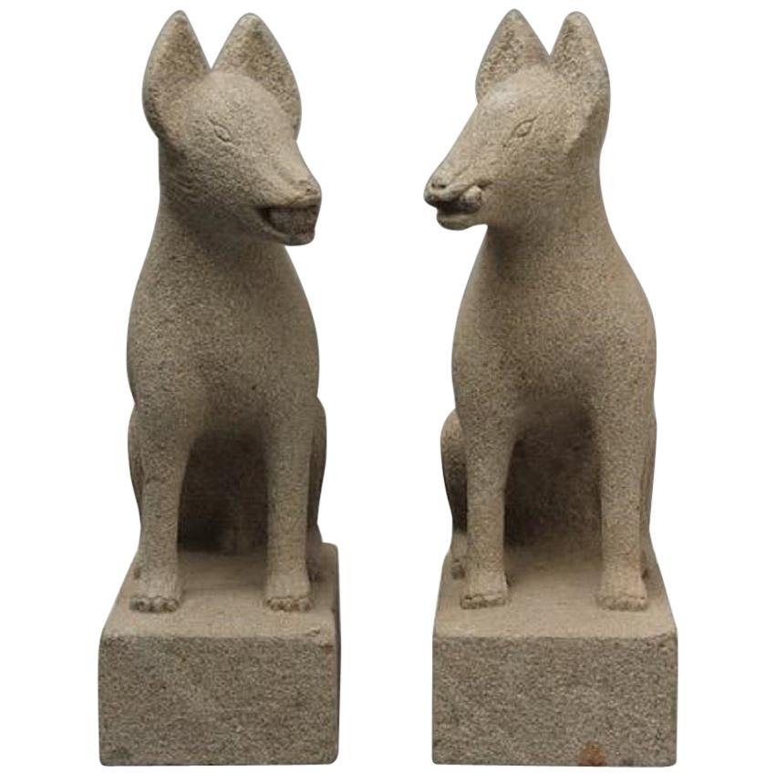 Japan Pair of Hand Carved Stone Fox Kitsune, Old Inari Temple