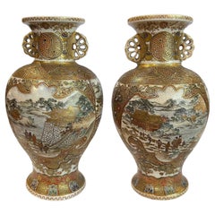 Japan, Pair of Satsuma Vases, Signed Hattori, Meiji Period Around 1870/80