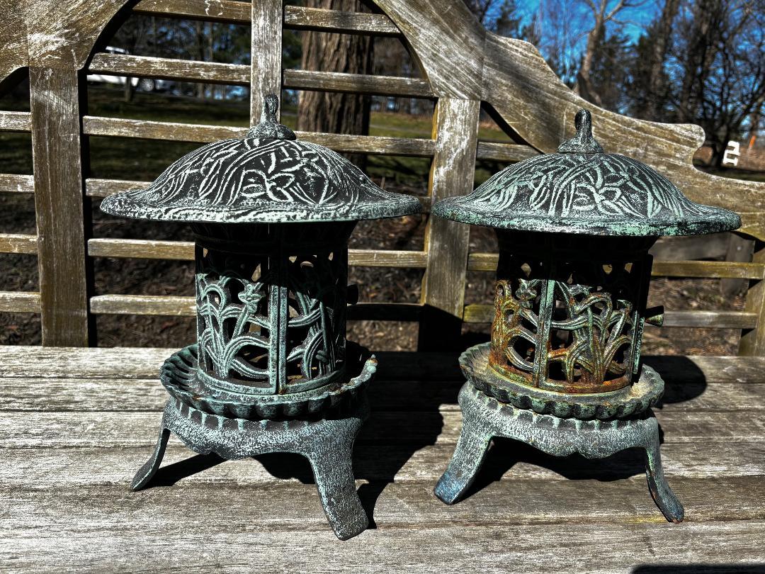 Japan Pair Tall Beautiful Blue Garden Lanterns With  Lovely Iris Flowers For Sale 2