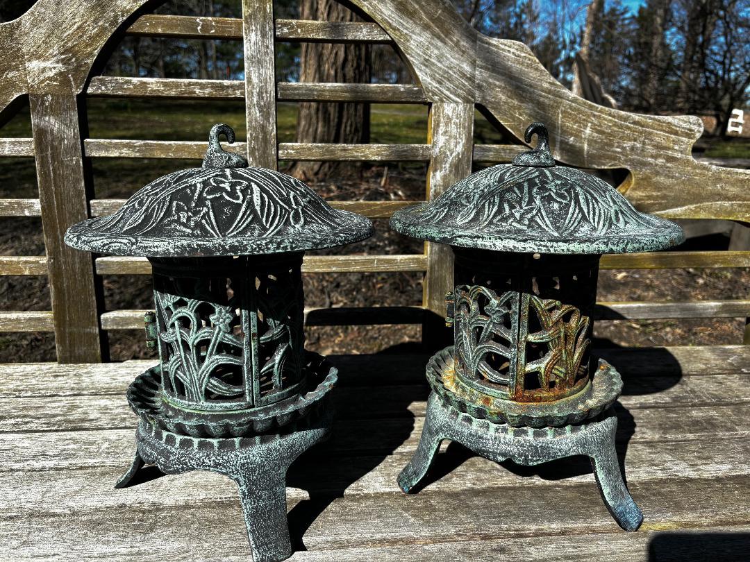 Japanese Japan Pair Tall Beautiful Blue Garden Lanterns With  Lovely Iris Flowers For Sale