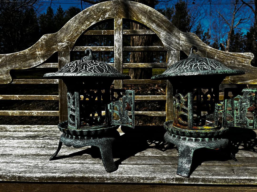 20th Century Japan Pair Tall Beautiful Blue Garden Lanterns With  Lovely Iris Flowers For Sale