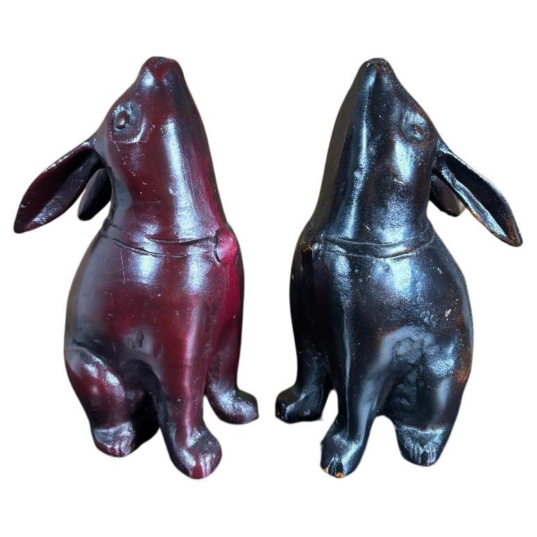 Japan Pair Tall Red And Black  Ebony "Moon Gazing" Rabbits , Fine Details For Sale