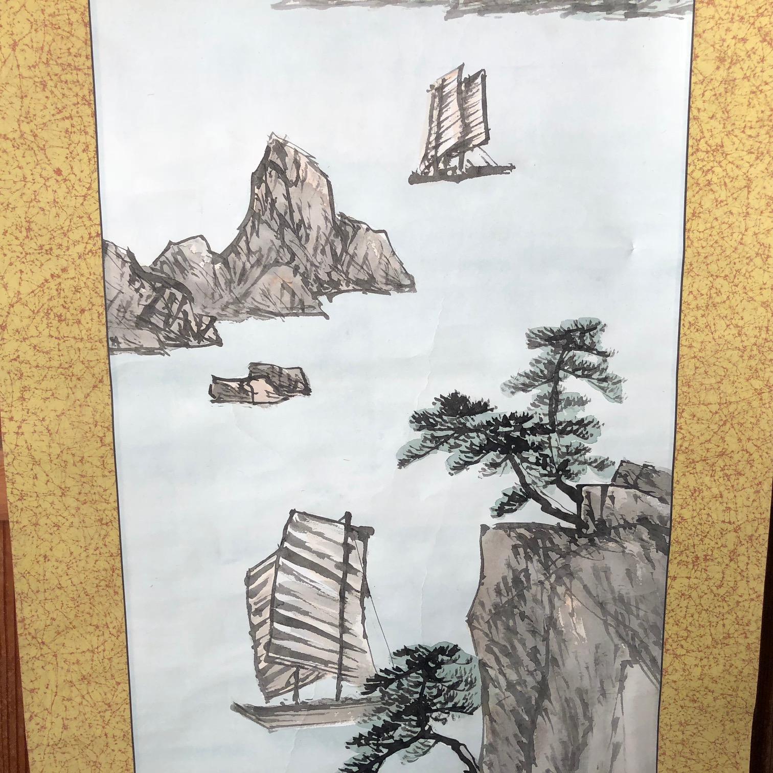 Japan Placid Boats and Mountains Vintage Hand-Painted Scroll with box 2