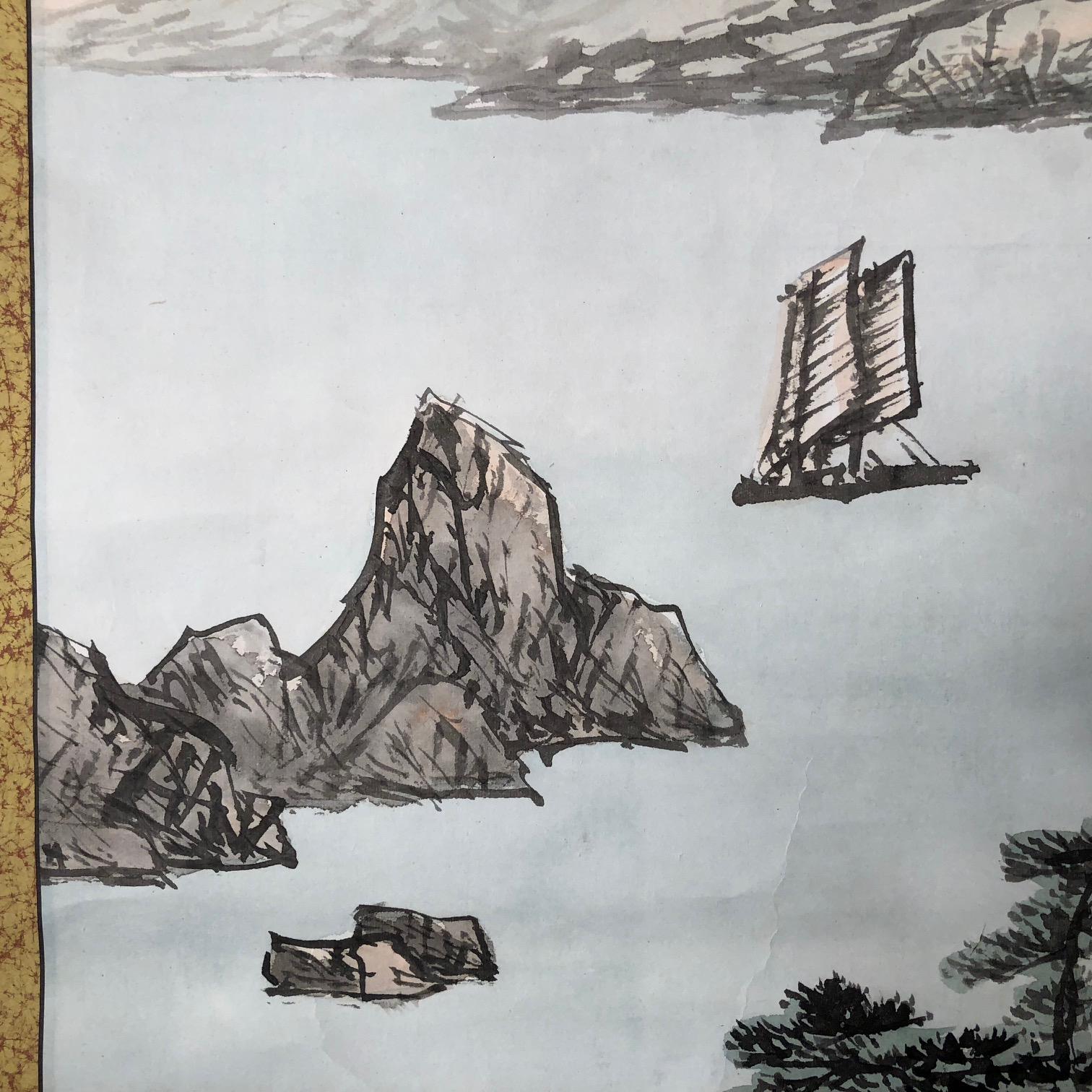 Japan Placid Boats and Mountains Vintage Hand-Painted Scroll with box 3