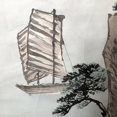 Japan Placid Boats and Mountains Vintage Hand-Painted Scroll with box