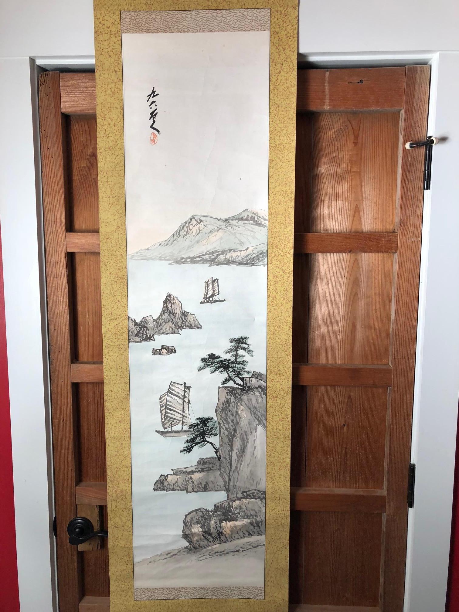 Showa Japan Placid Boats and Mountains Vintage Hand-Painted Scroll with box