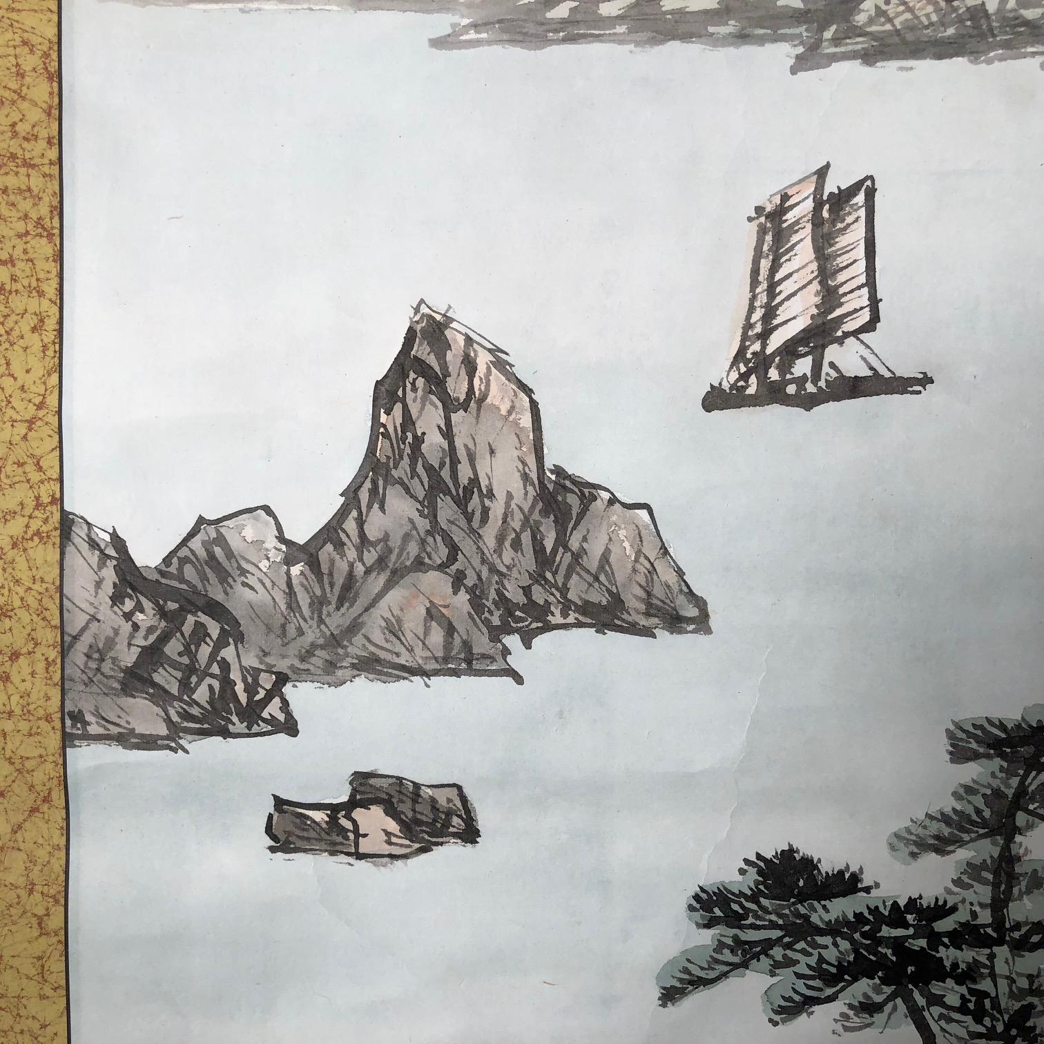 Japan Placid Boats and Mountains Vintage Hand-Painted Scroll with box In Good Condition In South Burlington, VT