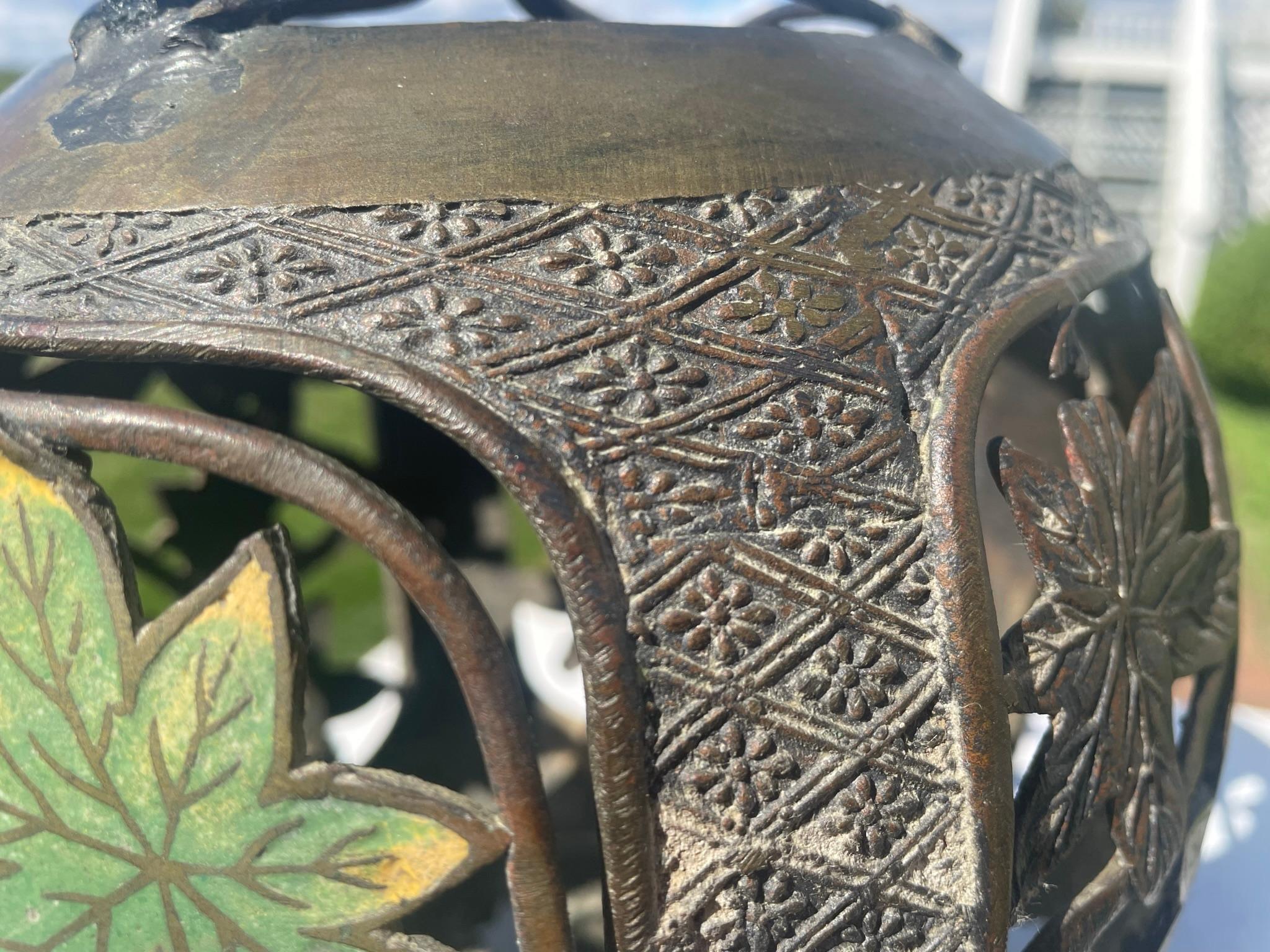Japan Antique Champleve Maple Leaf Bronze Orb Lantern, Brilliant Colors 5