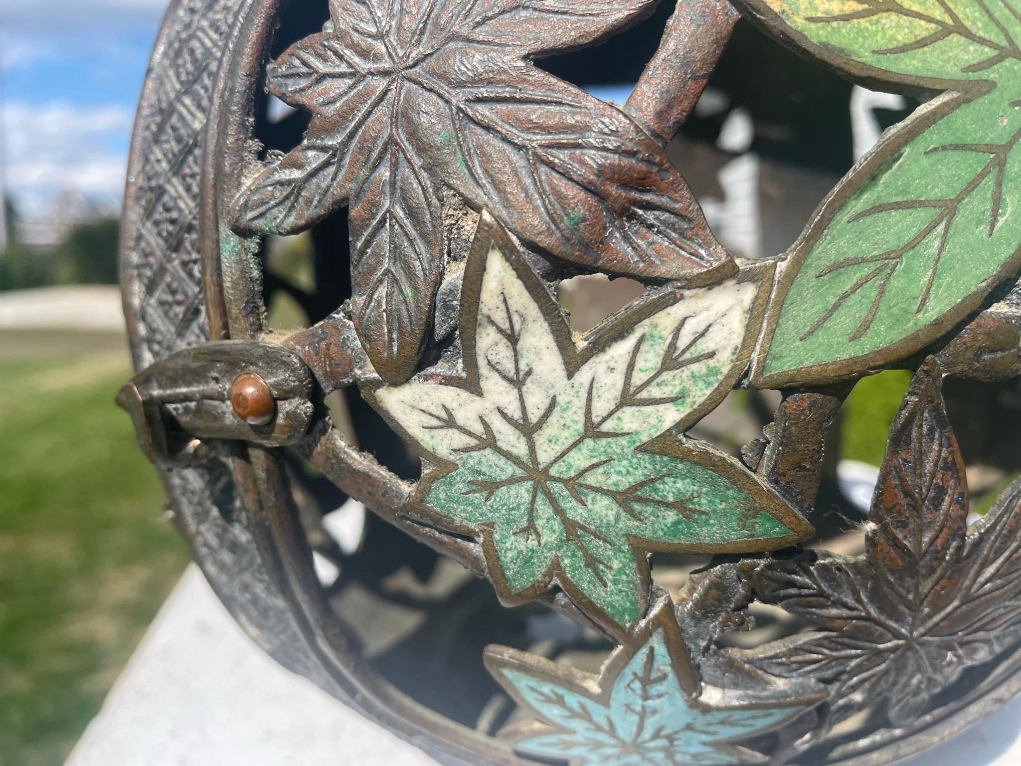 Japan Antique Champleve Maple Leaf Bronze Orb Lantern, Brilliant Colors 6