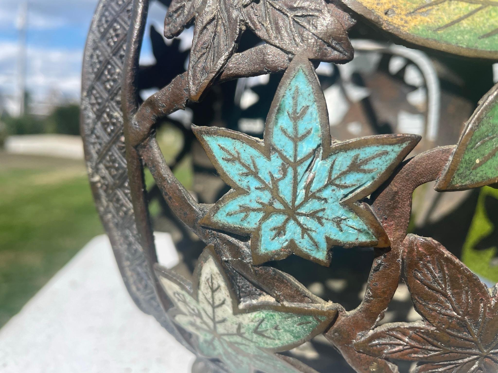 Japanese Japan Antique Champleve Maple Leaf Bronze Orb Lantern, Brilliant Colors