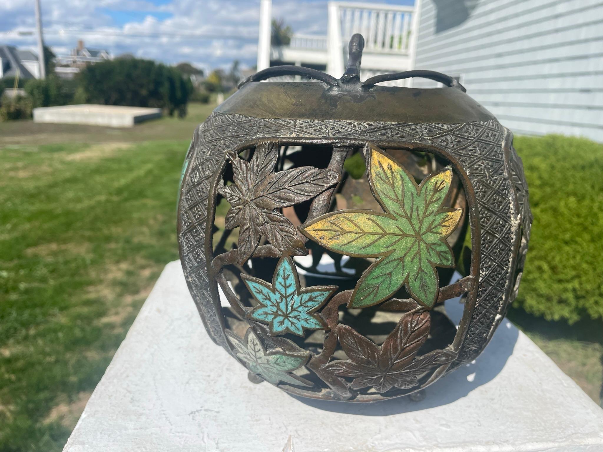 Japan Antique Champleve Maple Leaf Bronze Orb Lantern, Brilliant Colors 8