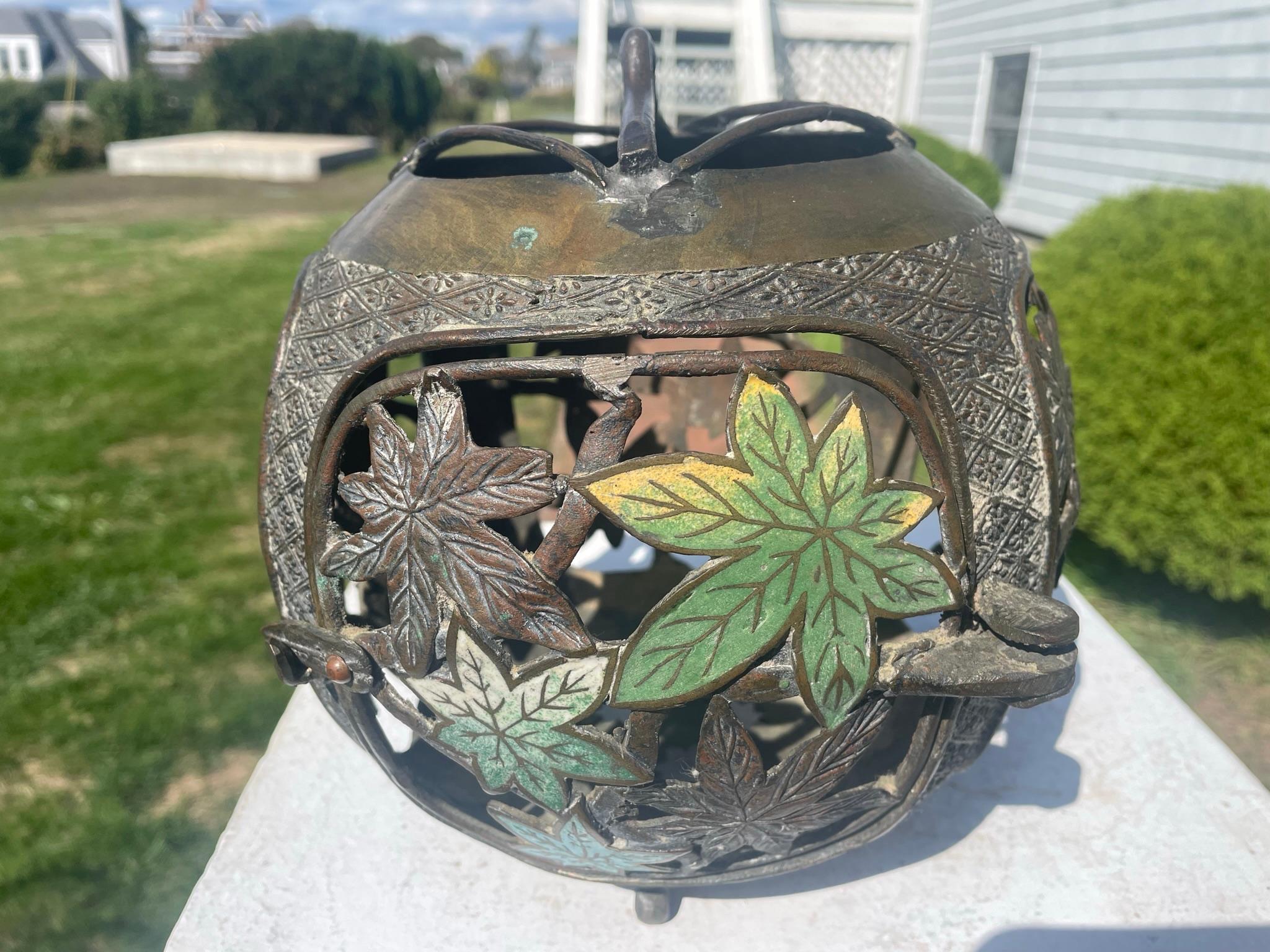 Cloissoné Japan Antique Champleve Maple Leaf Bronze Orb Lantern, Brilliant Colors