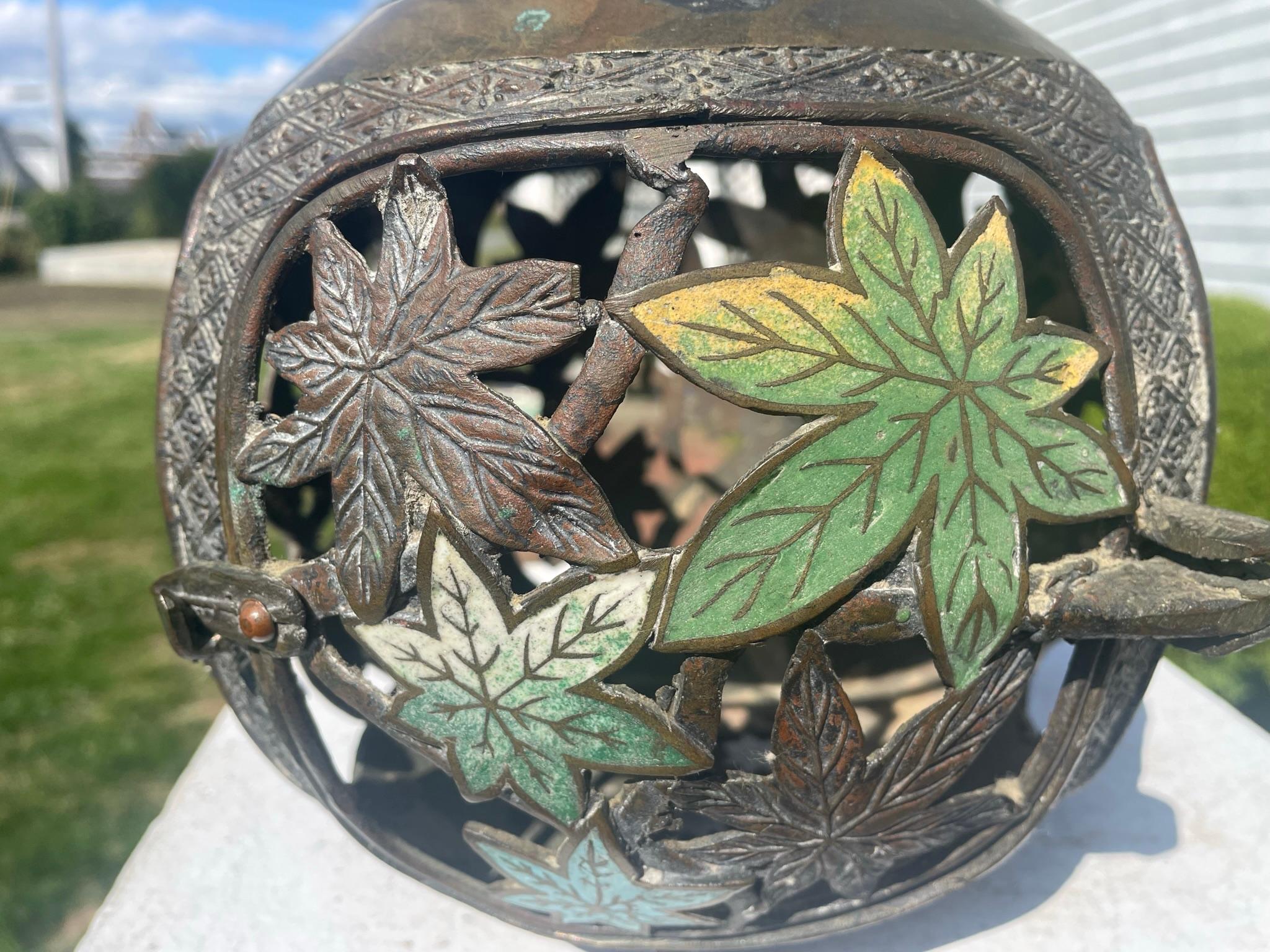 Japan Antique Champleve Maple Leaf Bronze Orb Lantern, Brilliant Colors In Good Condition In South Burlington, VT