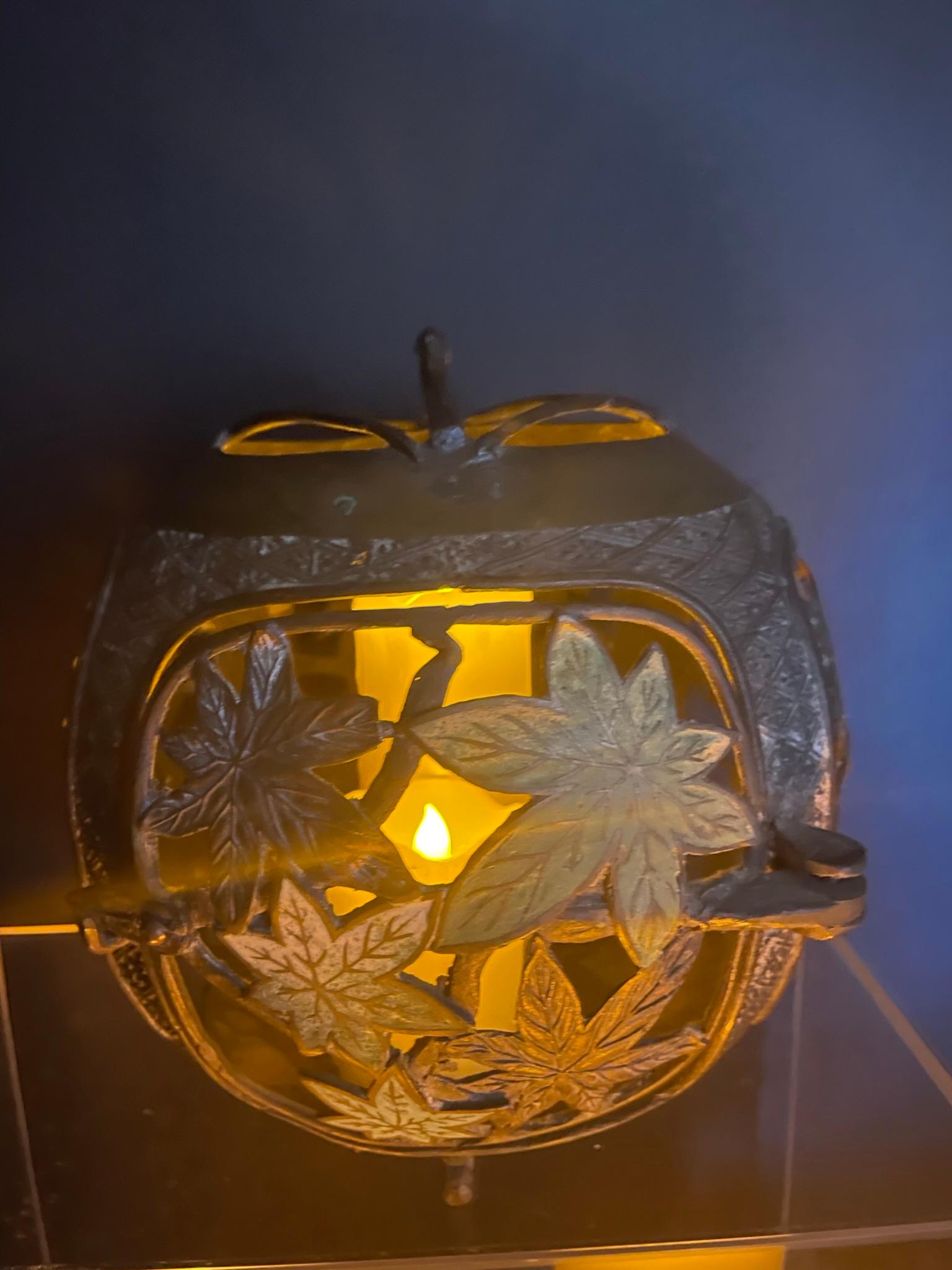 Japan Antique Champleve Maple Leaf Bronze Orb Lantern, Brilliant Colors 1