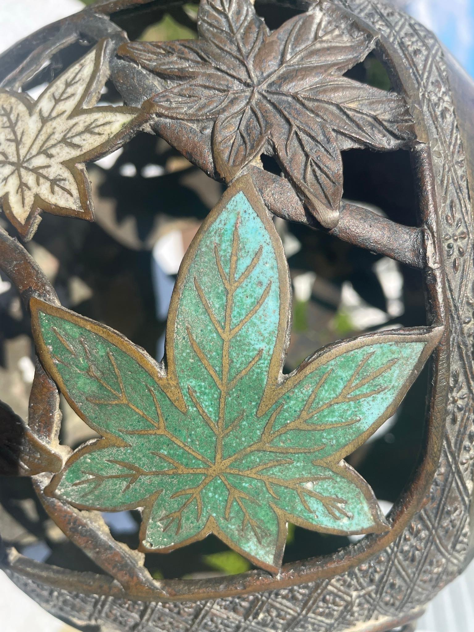 Japan Antique Champleve Maple Leaf Bronze Orb Lantern, Brilliant Colors 4