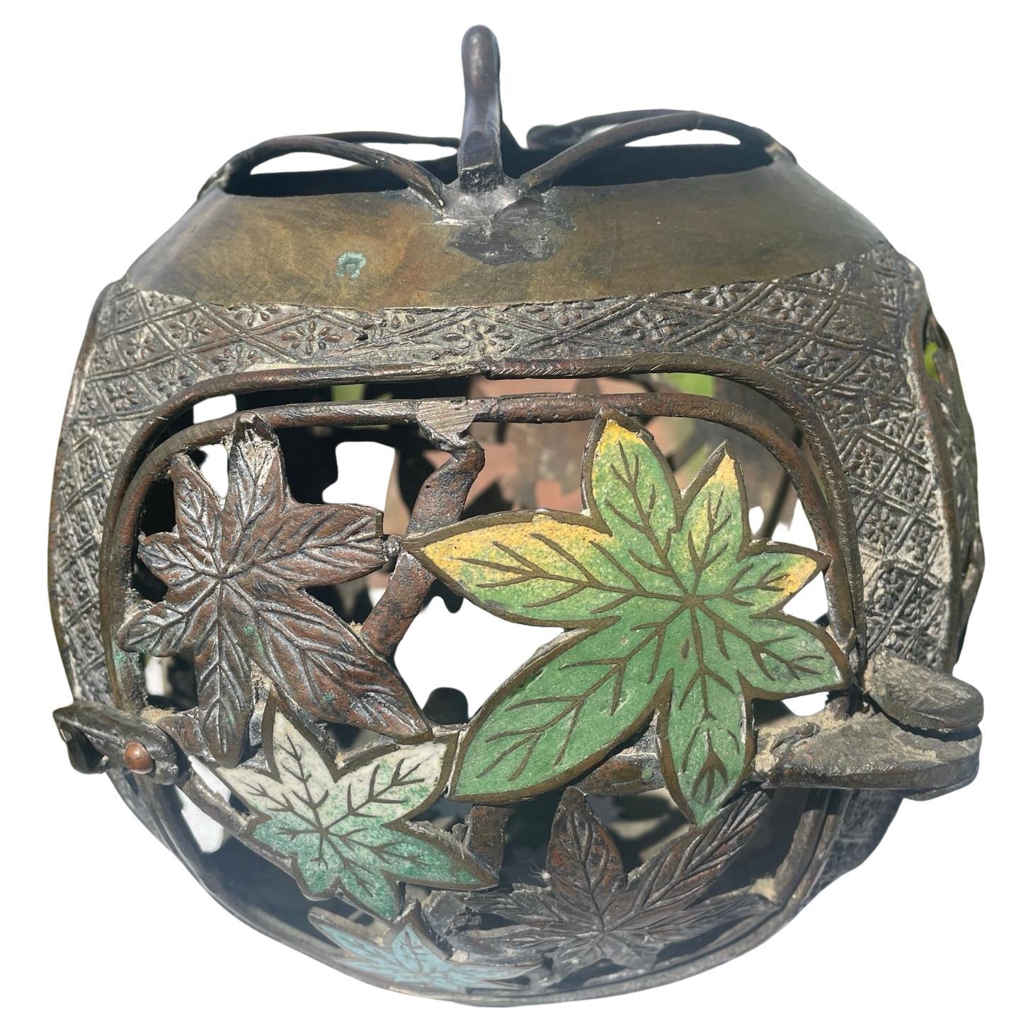 Japan Antique Champleve Maple Leaf Bronze Orb Lantern, Brilliant Colors 12