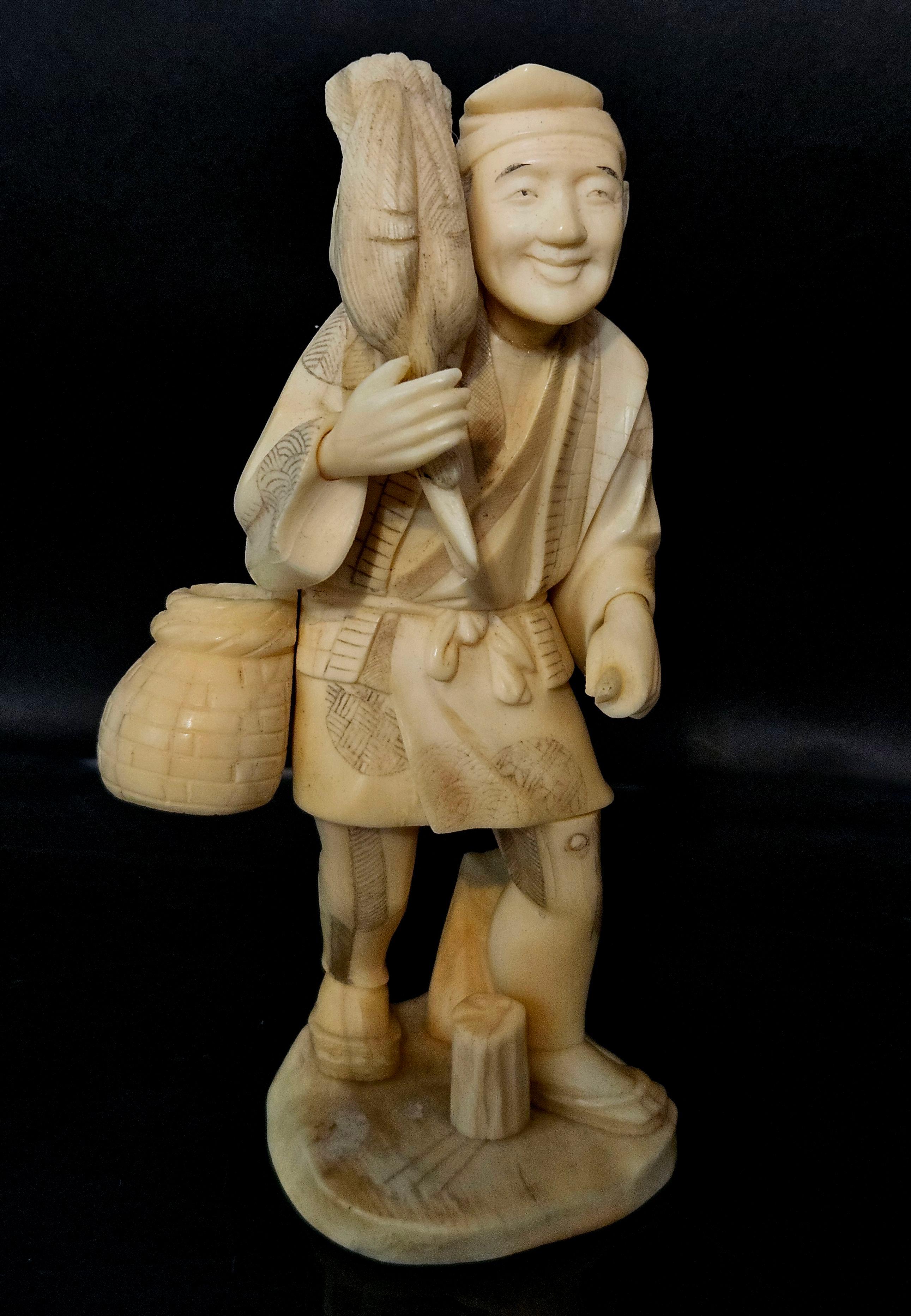 Japan, Meiji Period, a finely carved figurine with outstanding detail of a Goose and its Seller.
The man is carrying a goose on his right shoulder with a basket on the waist on the way to the market.
This caving style was trendy in Japan in the