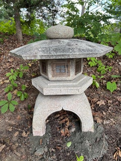 Japan Rare Hand Carved Stone Yukimi Lantern with Arts And Crafts Wooden Details