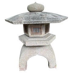 Japan Rare Hand Carved Stone Yukimi Lantern with Arts And Crafts Wooden Details