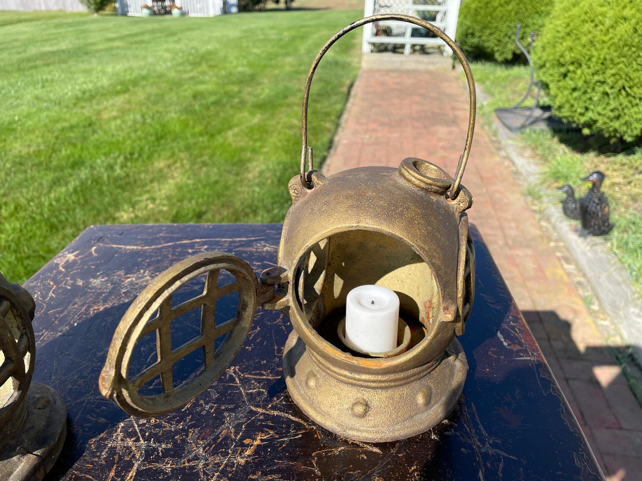Japan Rare Matching Pair Old Nautical Diving Helmet Lanterns 4