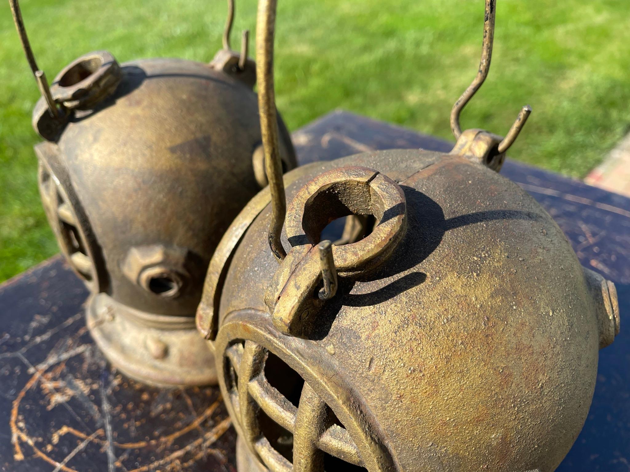 Japan Rare Matching Pair Old Nautical Diving Helmet Lanterns 5