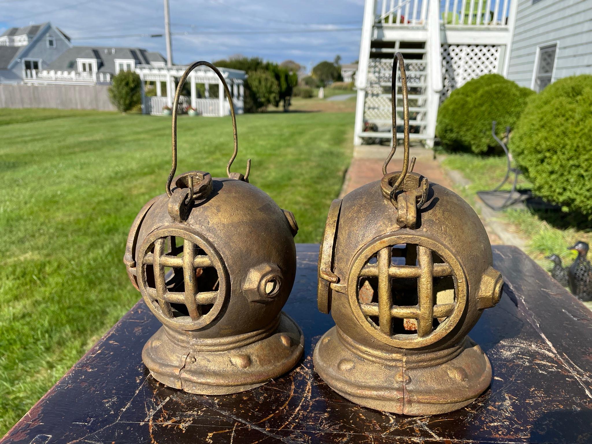 Japan Rare Matching Pair Old Nautical Diving Helmet Lanterns 11
