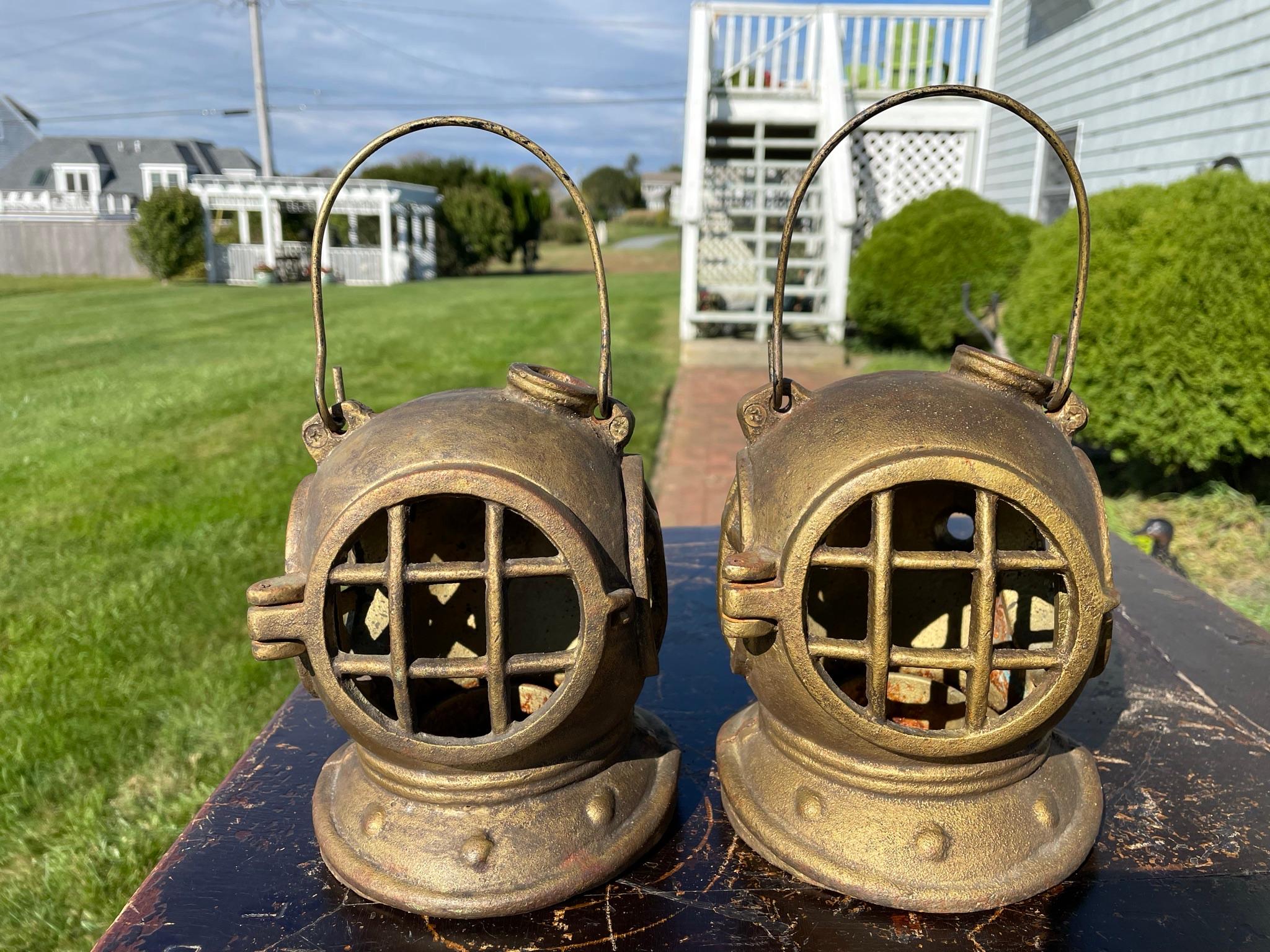 Gilt Japan Rare Matching Pair Old Nautical Diving Helmet Lanterns