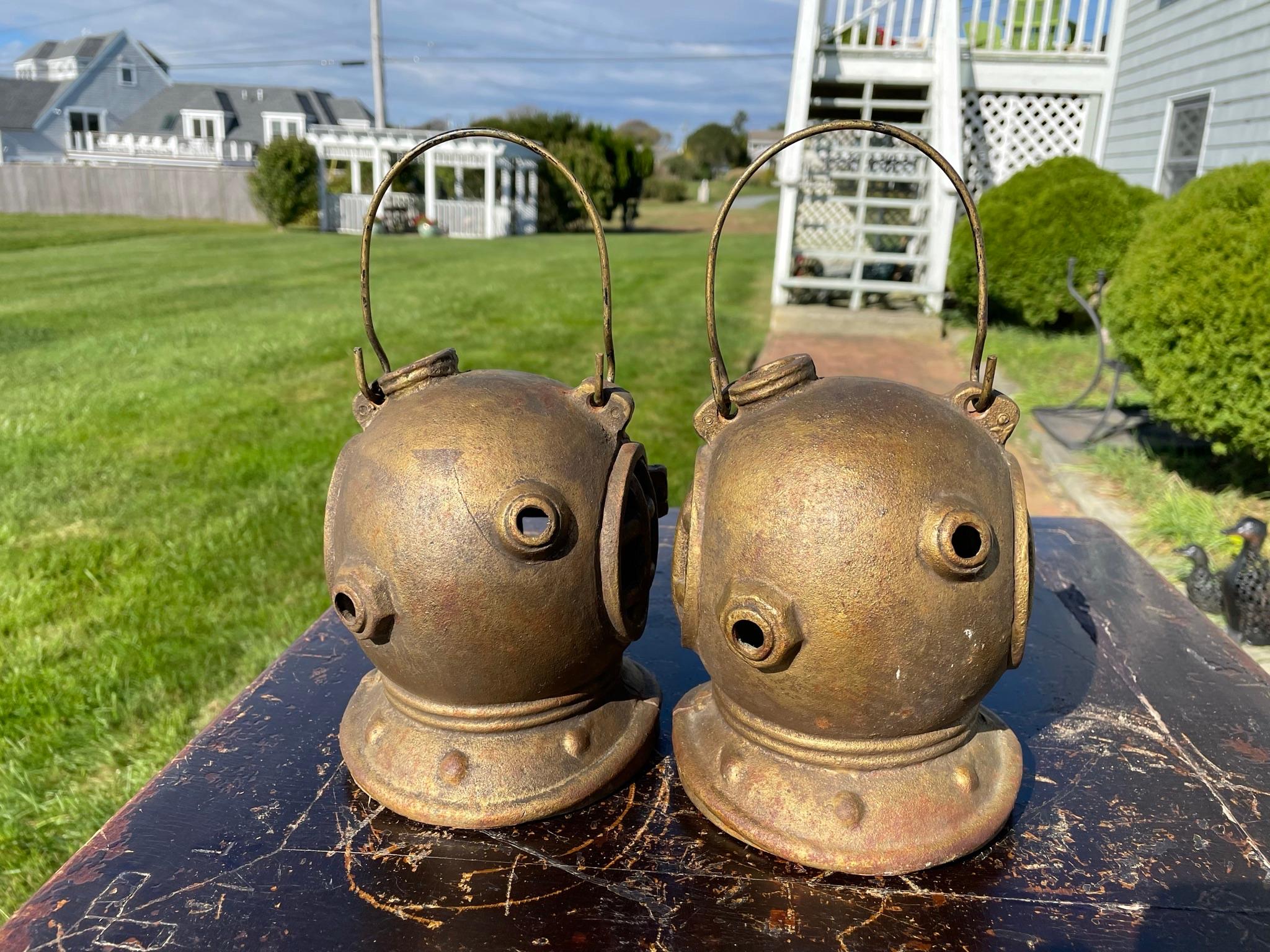 Japan Rare Matching Pair Old Nautical Diving Helmet Lanterns In Good Condition In South Burlington, VT