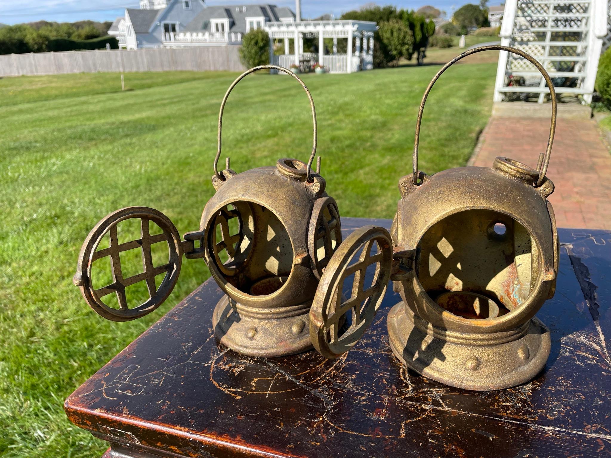 Iron Japan Rare Matching Pair Old Nautical Diving Helmet Lanterns