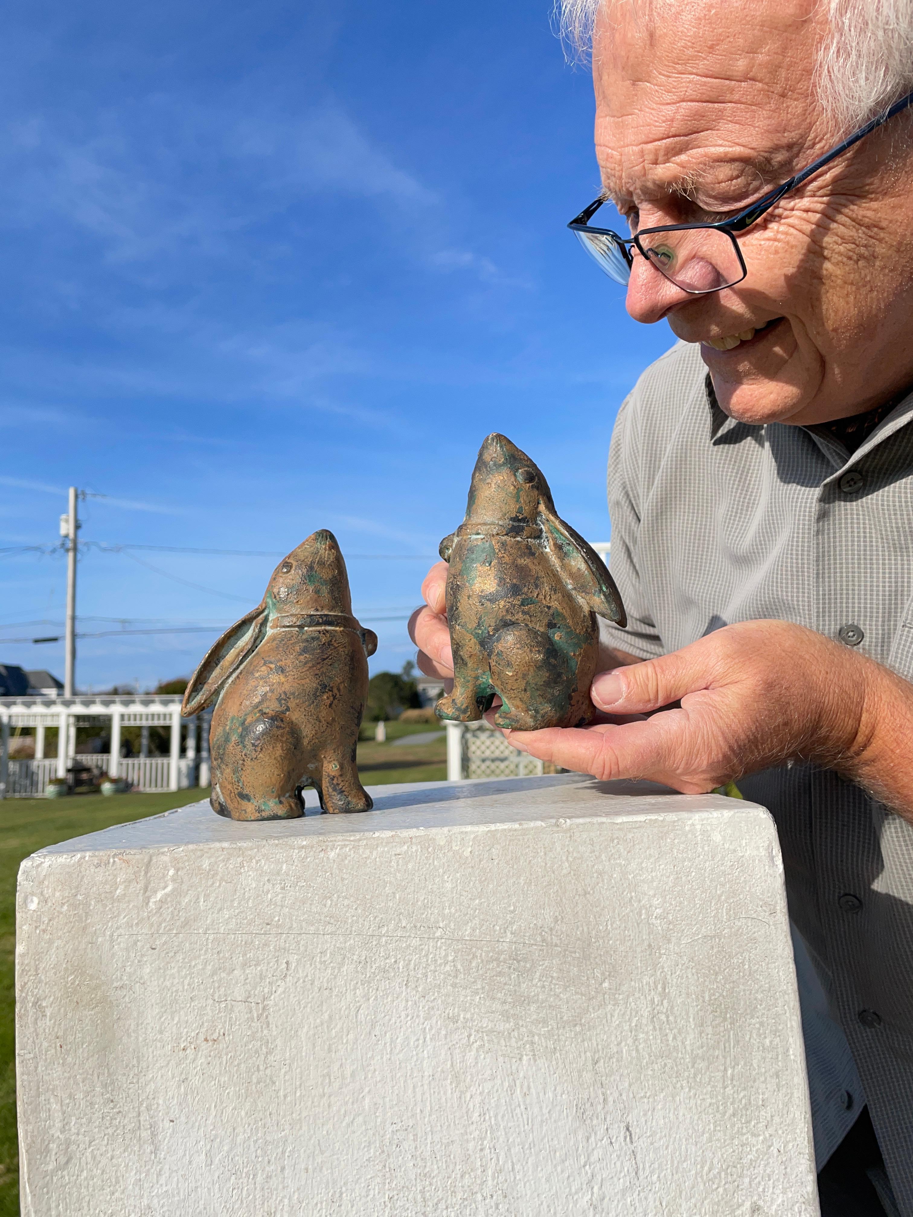 For your special garden spot - rare matched pair Moon Gazing Rabbits from Japan! 

This is a hard to find pair (2) of solid and finely cast effigies of tall 