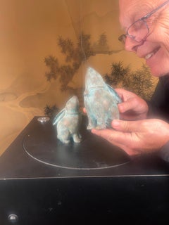 Japan Fine Pair “Moon Gazing" Rabbits, Blue Gilt Patina