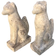 Japon - Paire rare de renards Kitsune en pierre sculptée à la main:: ancien sanctuaire Inari