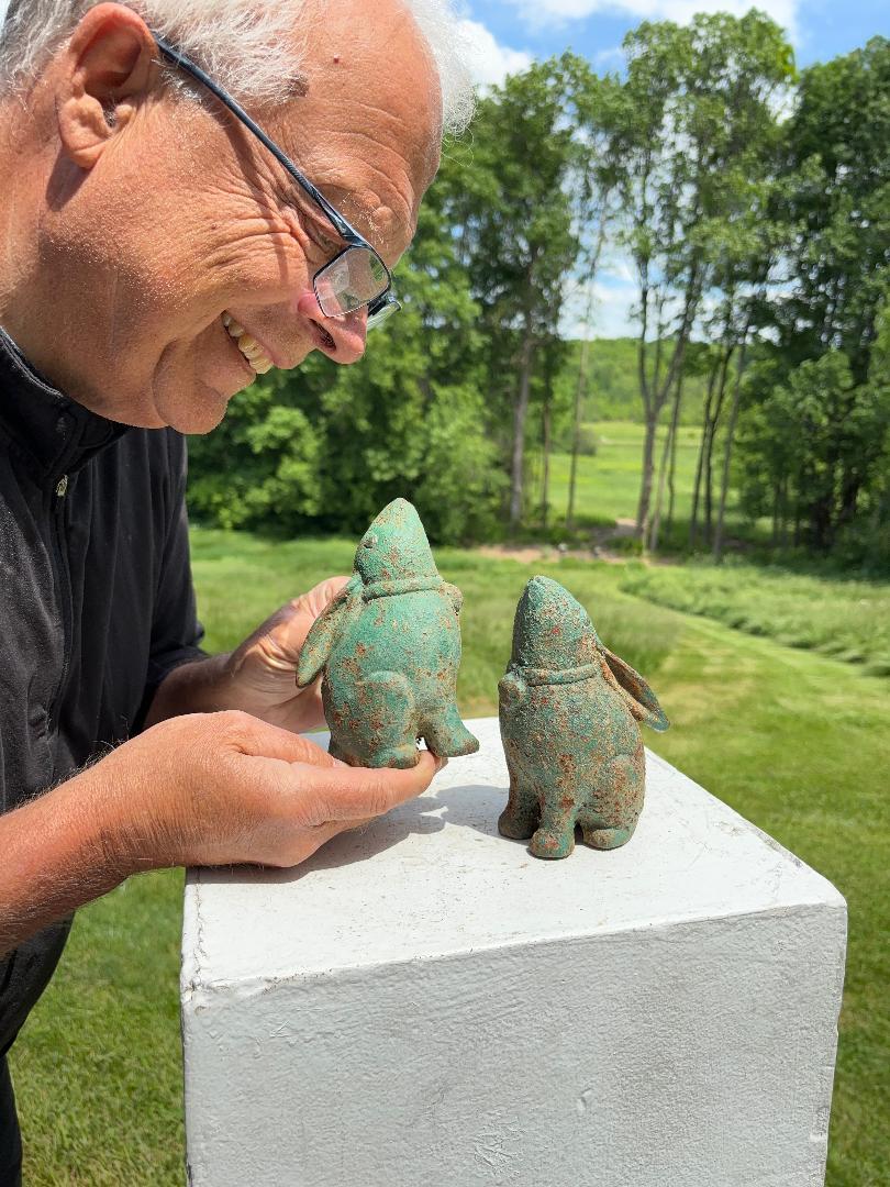 For your special garden spot - rare pair Moon Gazing Rabbits from Japan! 

This is a harder to find matching pair (2) of solid and finely cast effigies of tall 