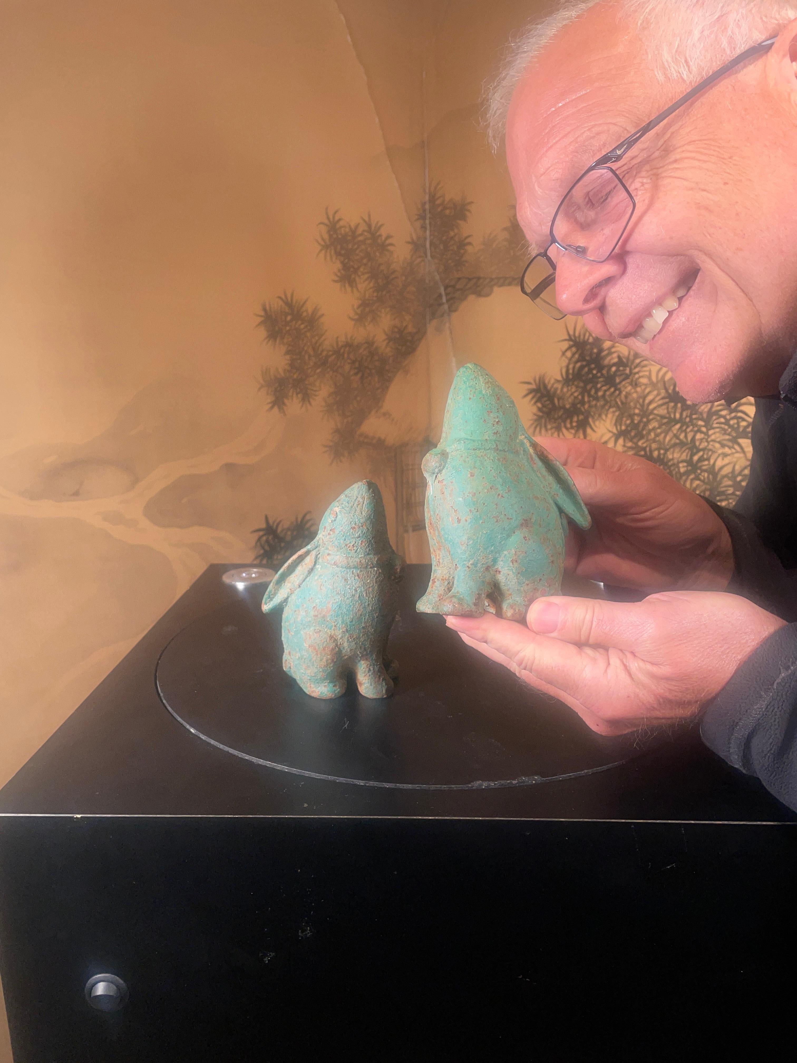 For your special garden spot - rare pair Moon Gazing Rabbits from Japan! 

This is a harder to find matching pair (2) of solid and finely cast effigies of tall 
