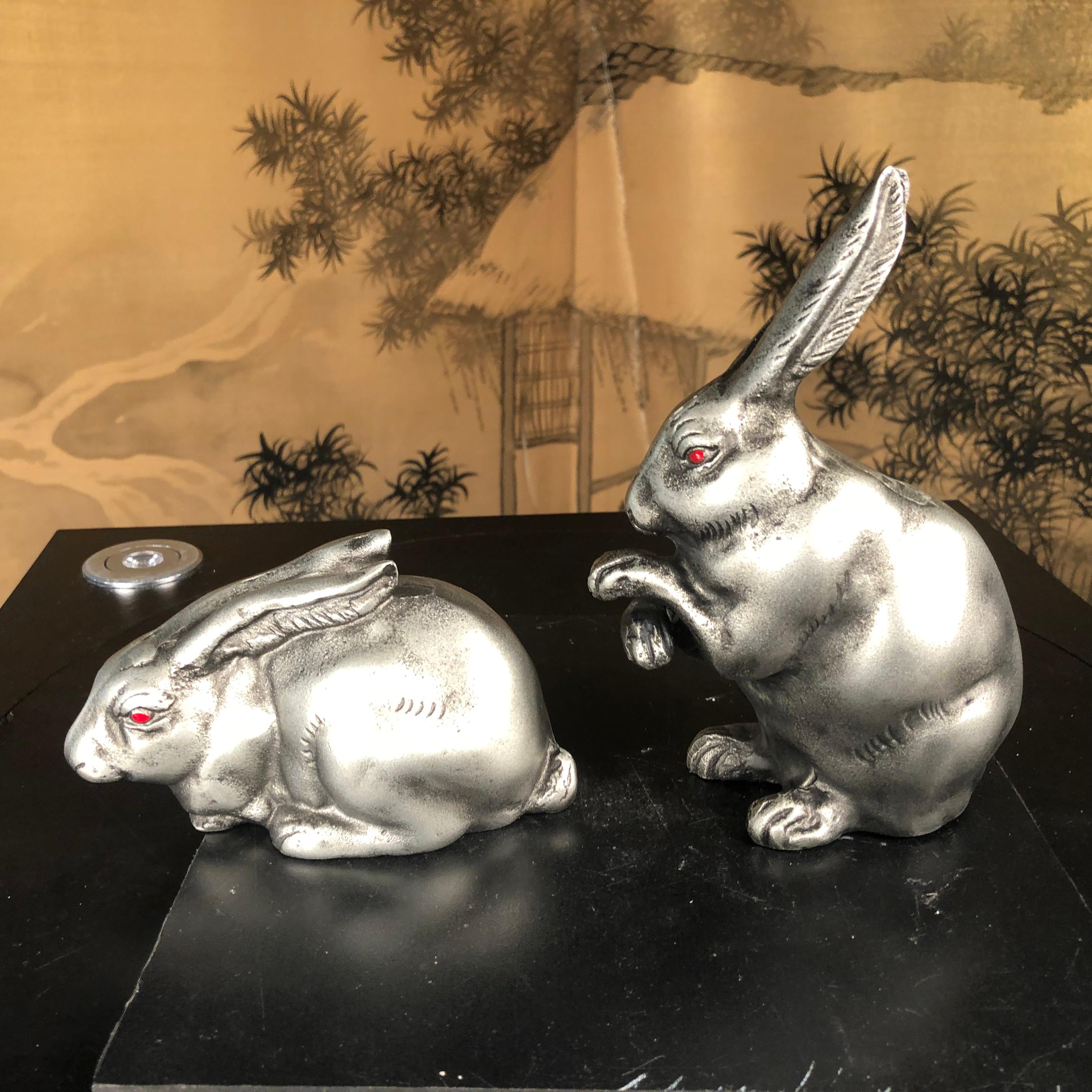 Bronze Japan Pair Red Eye Garden Rabbits Mint & Boxed  For Sale