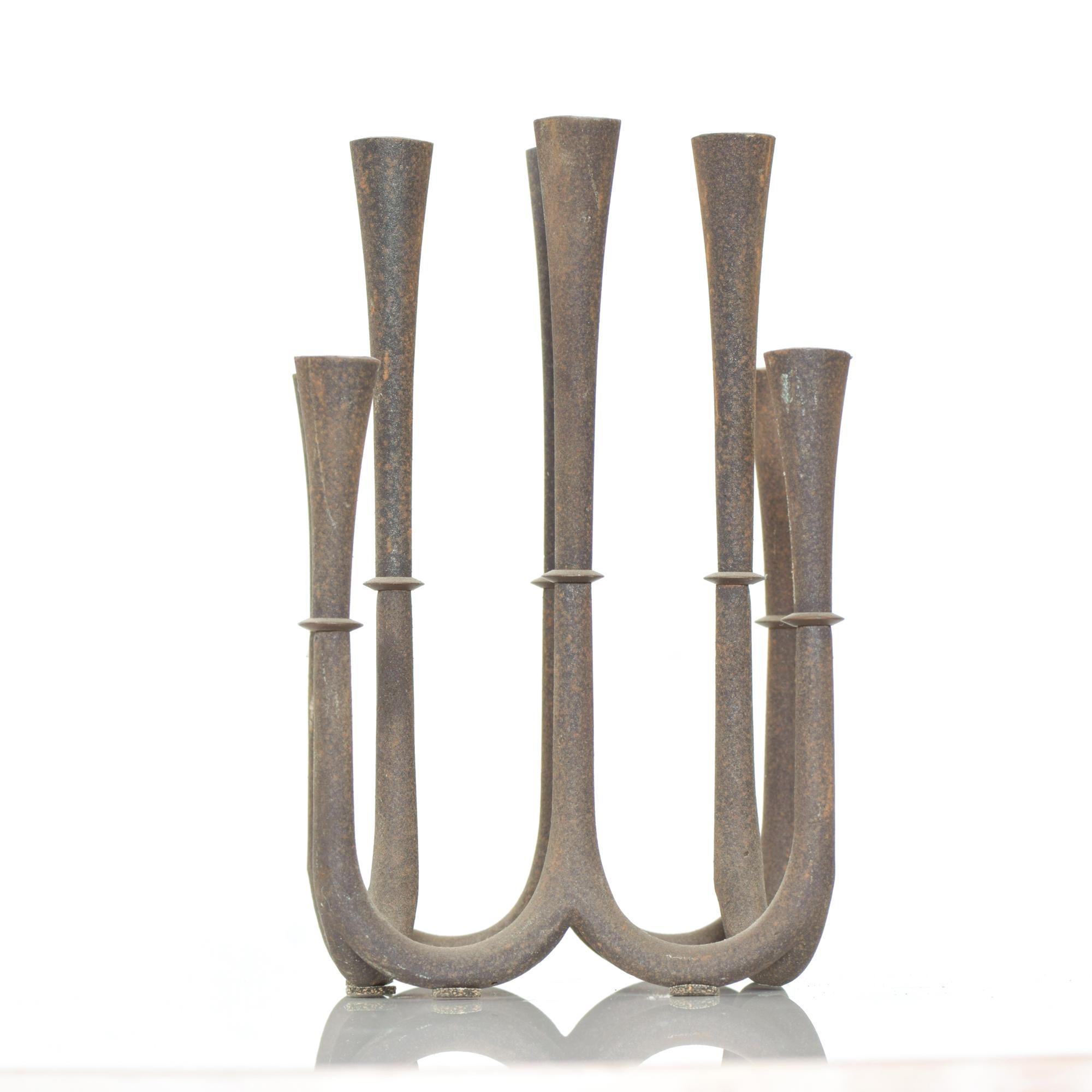 Mid-Century Modern Japan Rustic Eight Candleholder Candelabra Sweeping Elegance Sculpted Iron 1970s