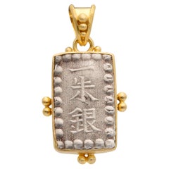 Japan Samurai Period Rectangular Silver Coin 18K Gold Pendant