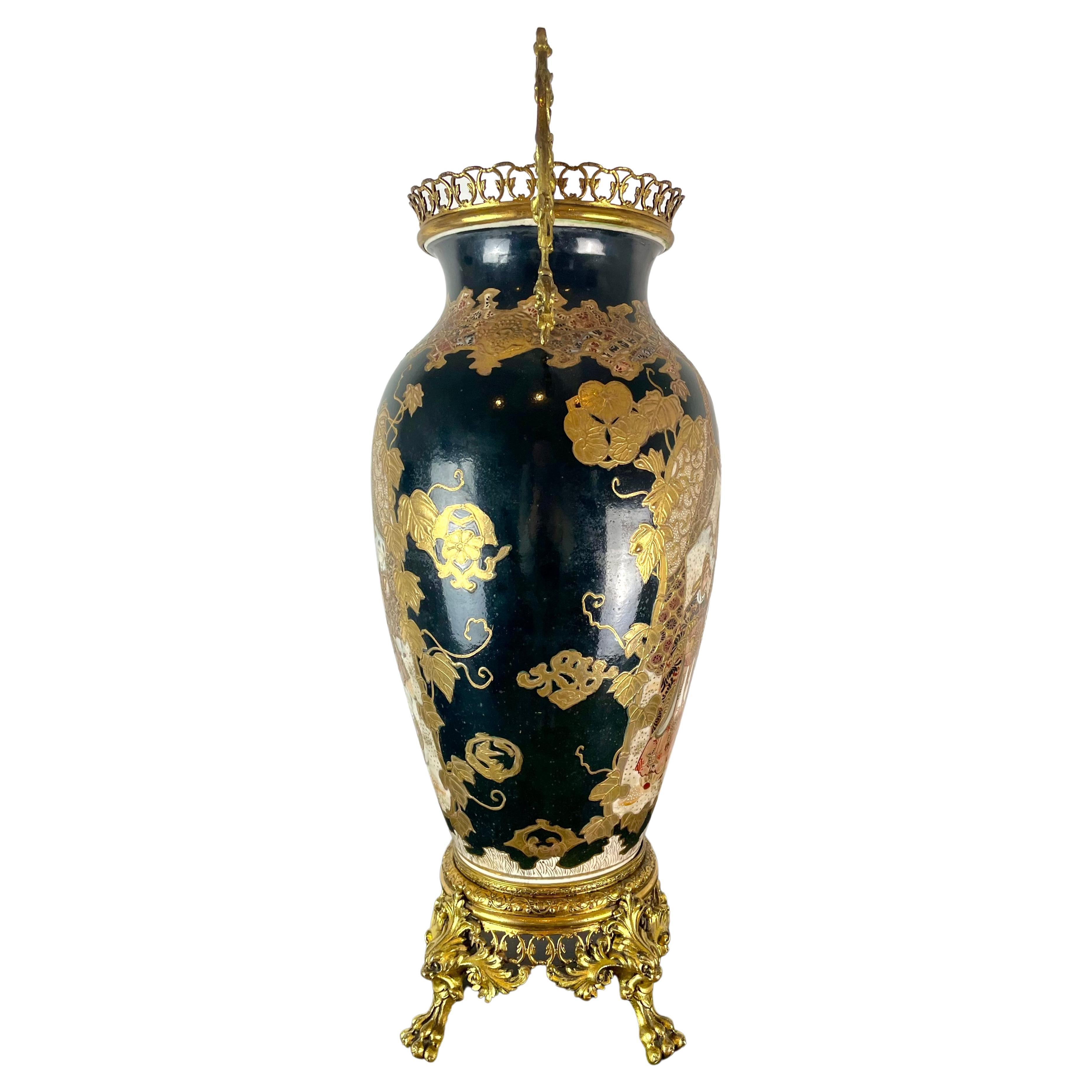 Meiji Japan Satsuma Porcelain Vase and Golden Metal 19th Century For Sale