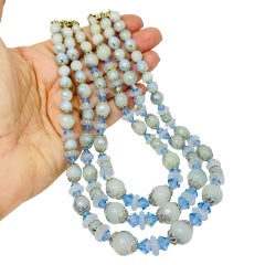 JAPAN signed vintage gold tone blue glass pearls beads designer necklace