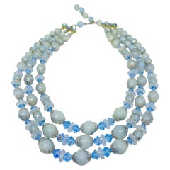 JAPAN signed vintage gold tone blue glass pearls beads designer necklace