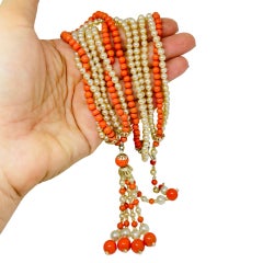 JAPAN signed vintage gold tone glass coral pearls tassel beads designer necklace