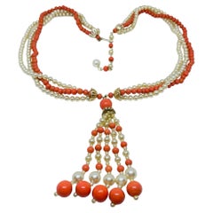 JAPAN signed vintage gold tone glass coral pearls tassel beads designer necklace