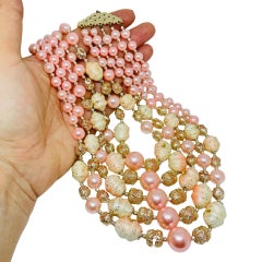 JAPAN signed vintage gold tone pink glass pearls beads designer necklace