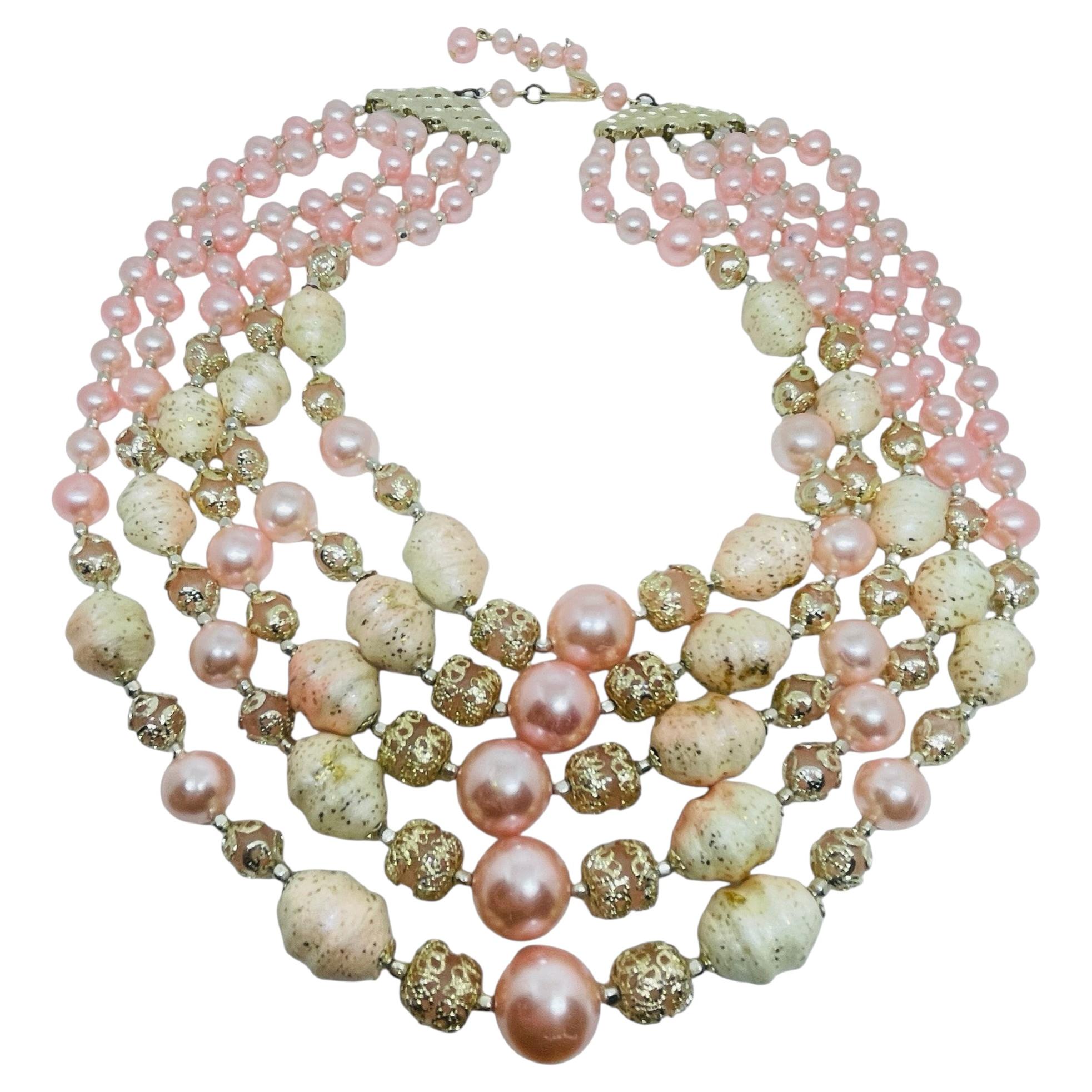 JAPAN signed vintage gold tone pink glass pearls beads designer necklace For Sale