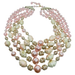 JAPAN signed vintage gold tone pink glass pearls beads designer necklace
